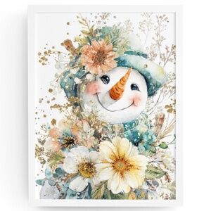 Watercolor Snowman Adorned with Flowers Portrait Wall Art Print Poster, Unframed